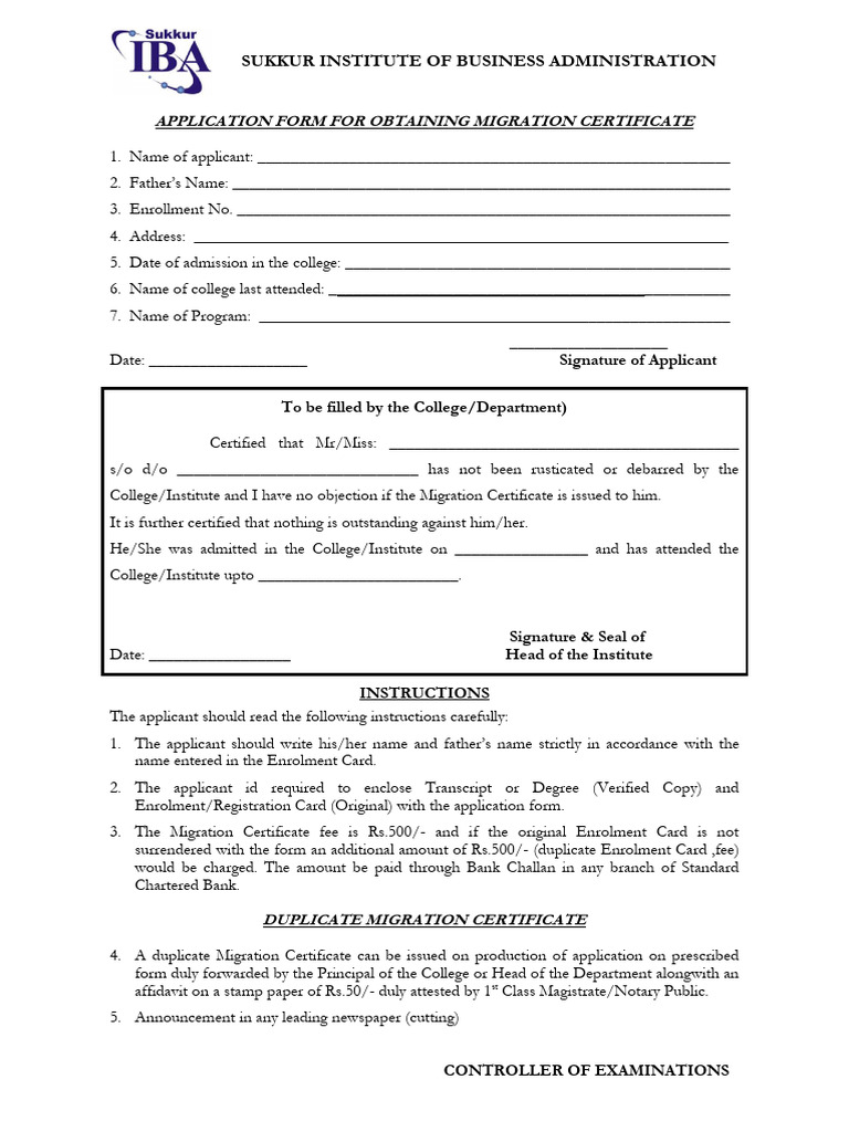 Form For Issuance of Migration Certificate | PDF