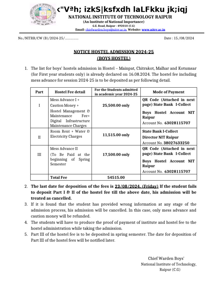 NIT Raipur Boys Hostel Fee Structure 2024-25 | PDF | Payments