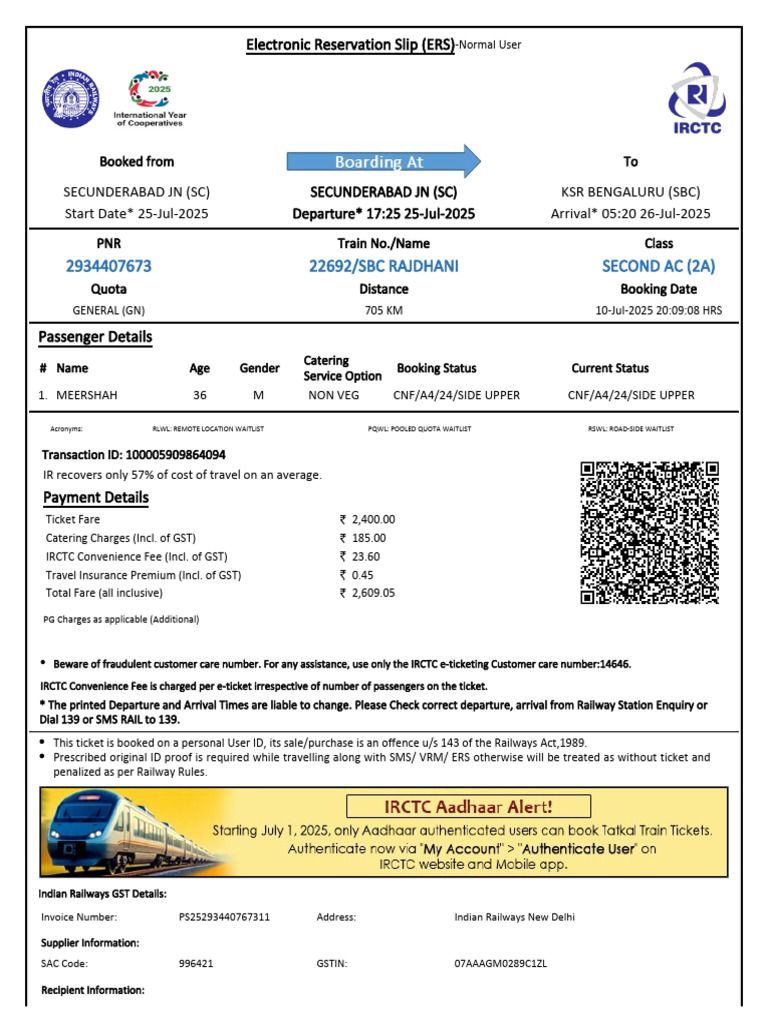 22692/SBC RAJDHANI Second Ac (2A) | PDF | Identity Document