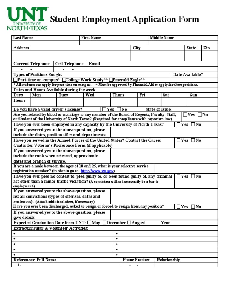 UNT Student Employment Application Form | PDF | Employment | Salary