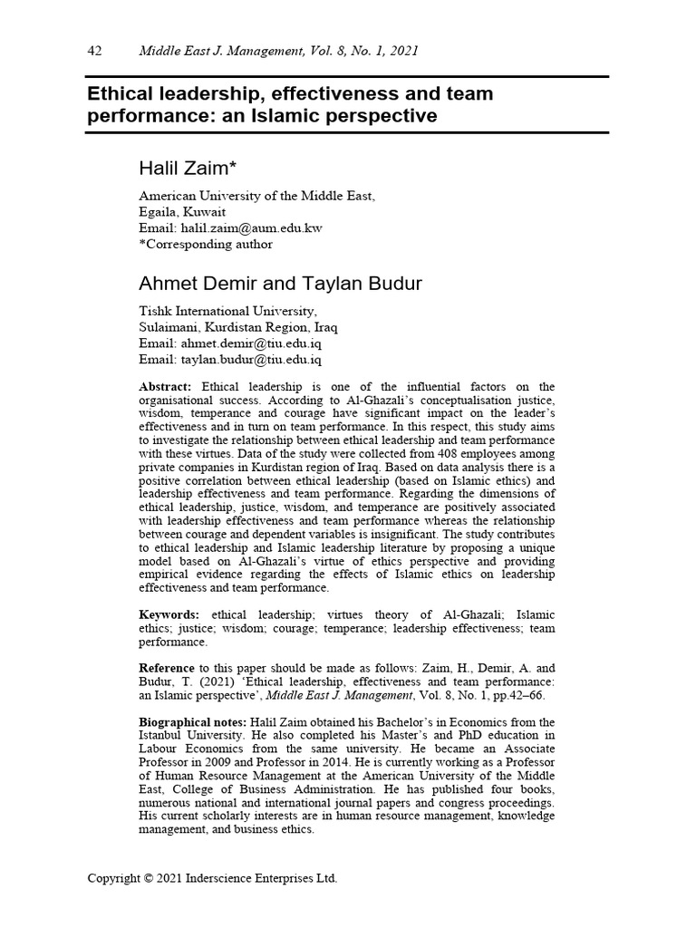 Islamic Ethical Leadership and Team Performance | PDF | Virtue | Leadership