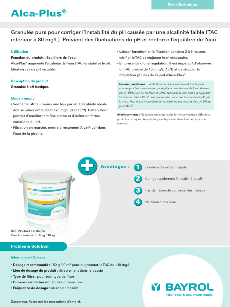 Alca-Plus® : Stabilisateur de pH piscine | PDF | Ph | Filtration