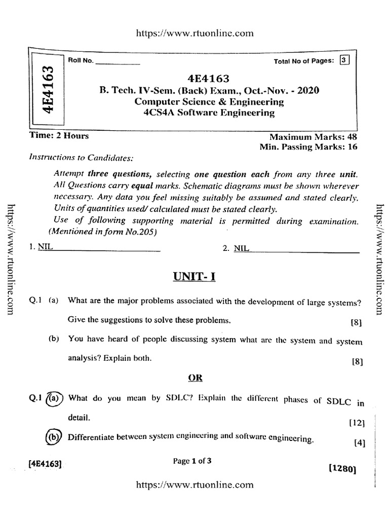 Btech Cs 4 Sem Software Engineering 4e4163 Nov 2020 | PDF