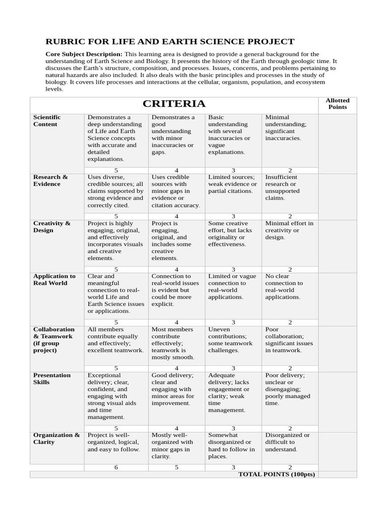 Life and Earth Science Project Rubric | PDF | Science | Earth Sciences