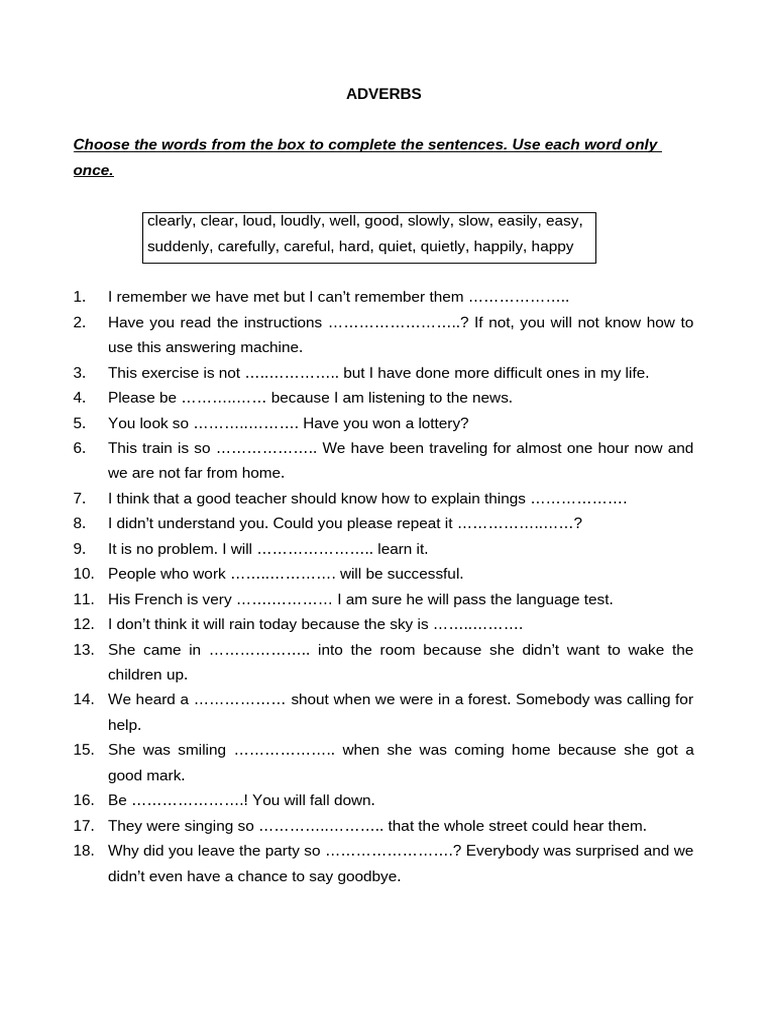 Adverb Exercises for Sentence Completion | PDF