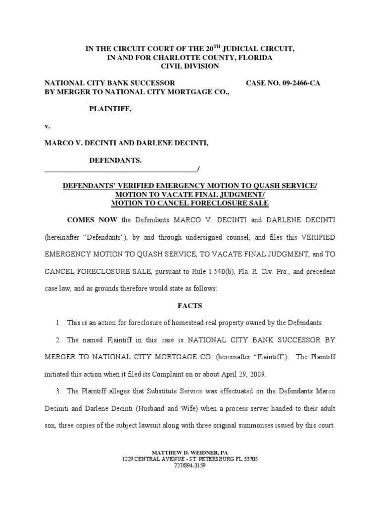 Motion To QuashVacate Judgment PDF Service Of Process Summary