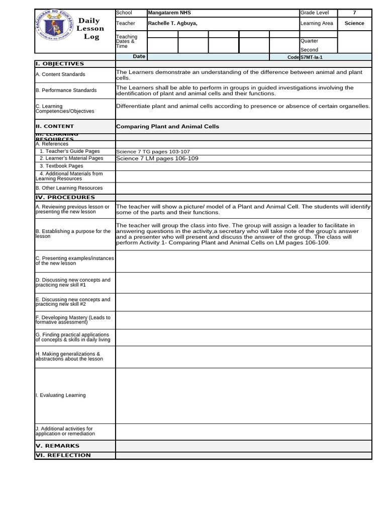 Grade 7 Plant and Animal Cell DLL | PDF | Cell (Biology) | Learning