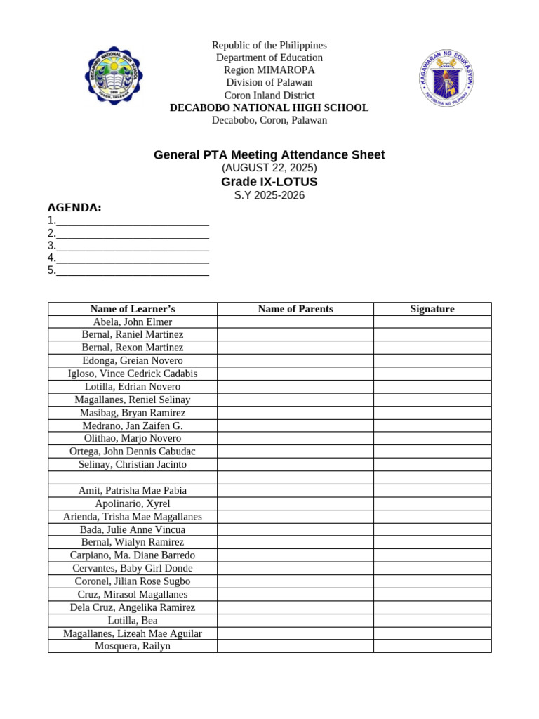 Grade IX Lotus PTA Meeting Attendance | PDF