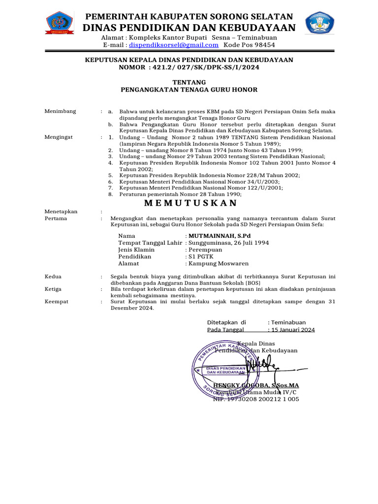 SK Pengangkatan Honor Cq. Dinas Pdan K | PDF