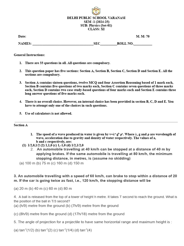 Class XI Physics Exam Paper 2024-25 | PDF | Acceleration | Force