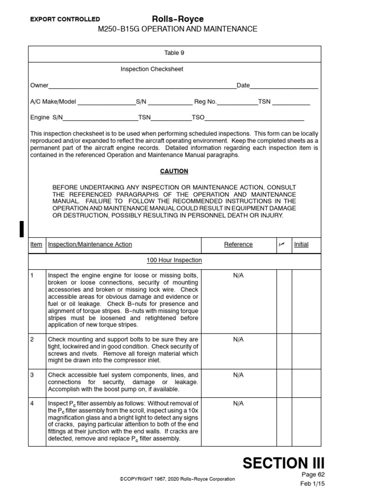 M250-B15G Engine Maintenance Checklist | PDF | Pump | Motor Oil
