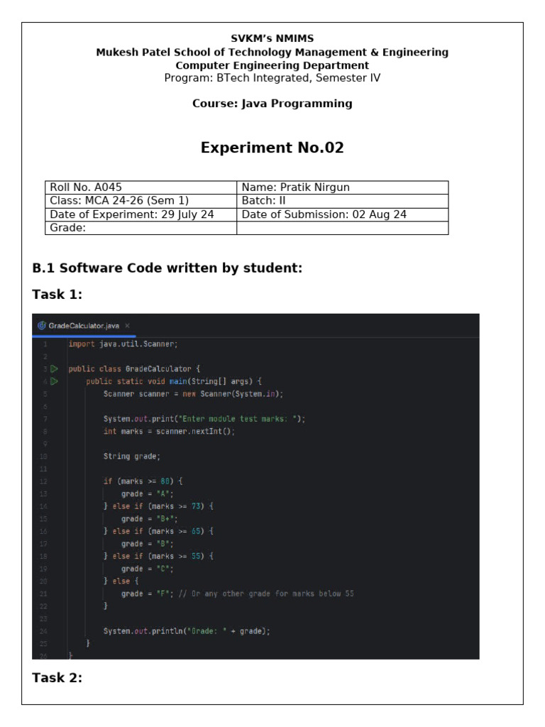 Experiment No.02: B.1 Software Code Written by Student: Task 1 | PDF ...