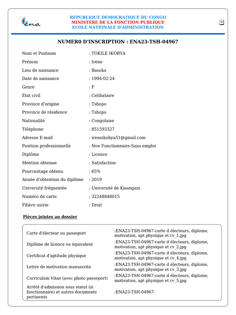 Dossier d'inscription d'Irène Tokile | PDF