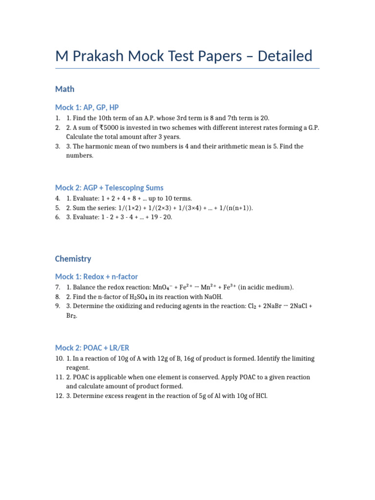 M Prakash Entrance Exam Mock Papers | PDF