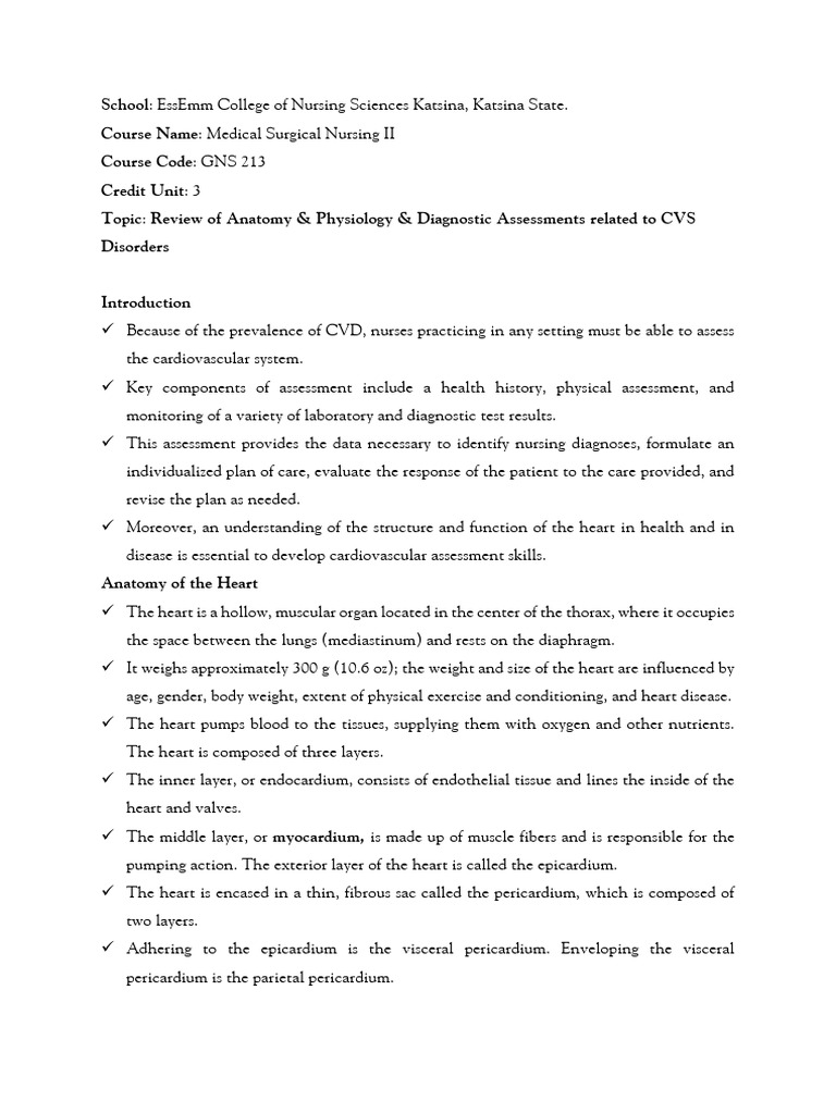 Cardiovascular System Nursing Assessment | PDF | Heart | Heart Valve