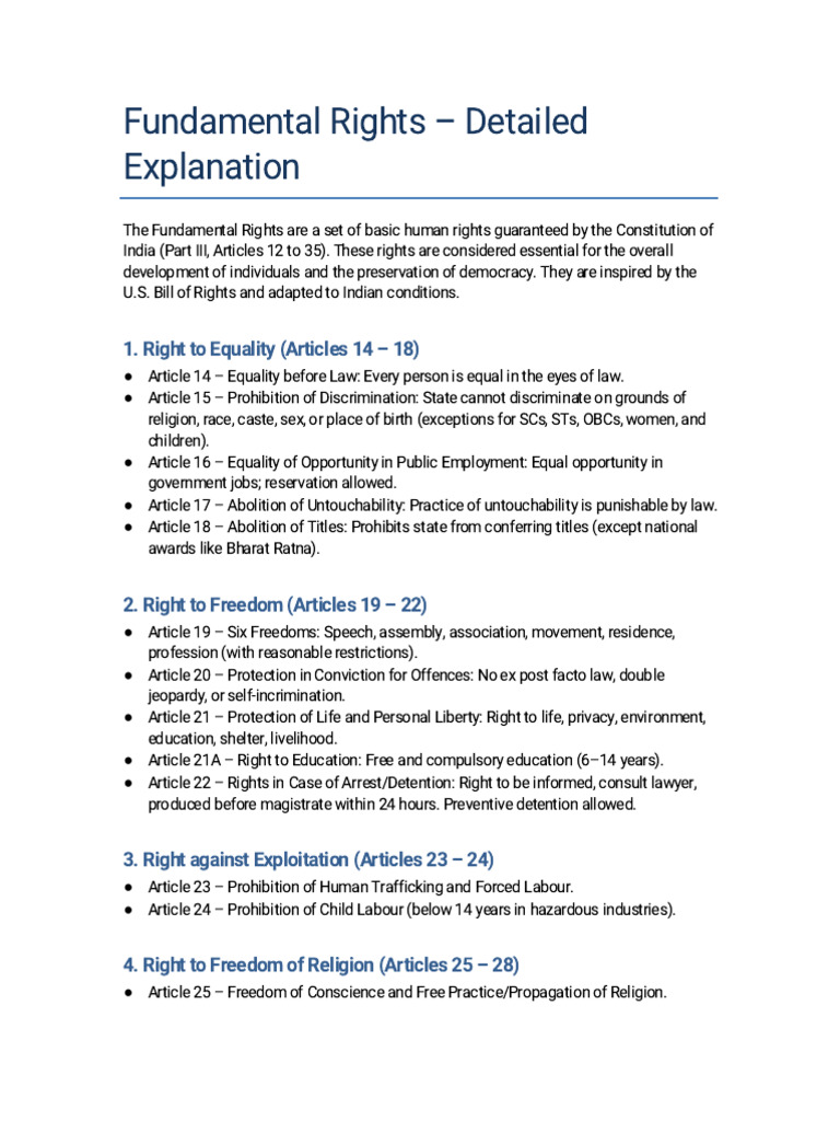 Fundamental Rights - Detailed Explanation: 1. Right To Equality ...