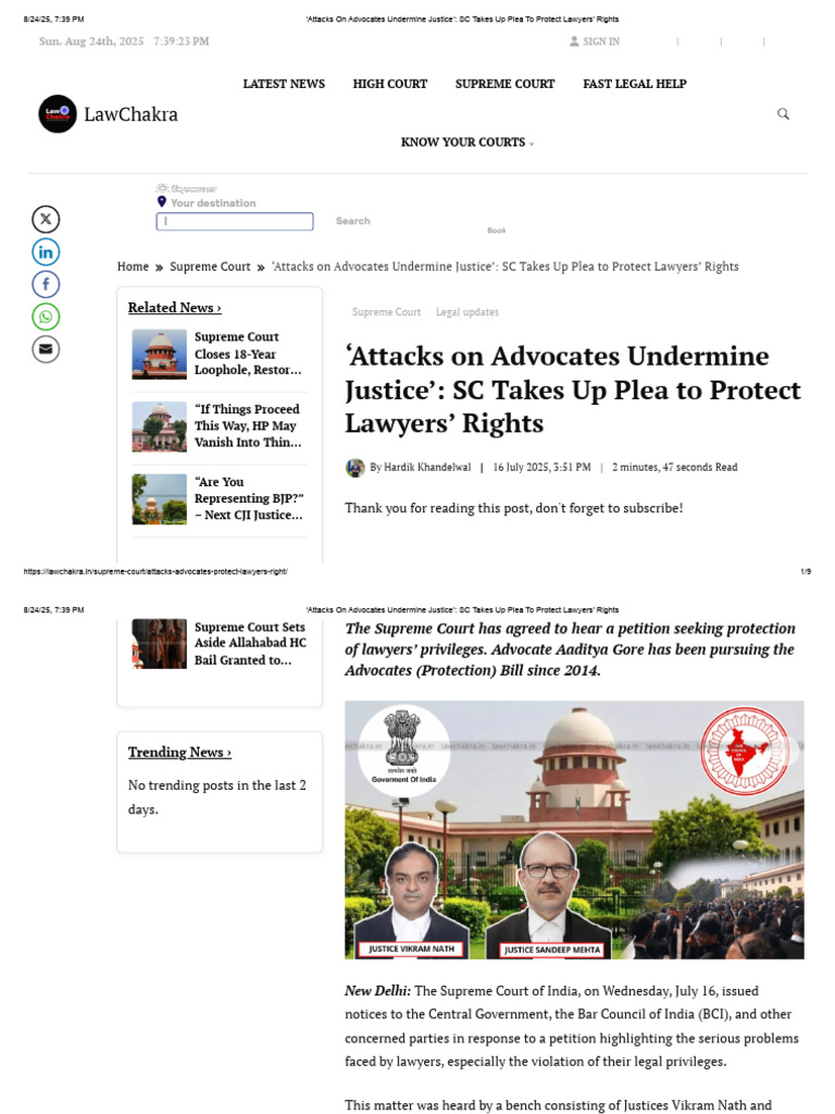 Attacks On Advocates Undermine Justice' - SC Takes Up Plea To Protect ...