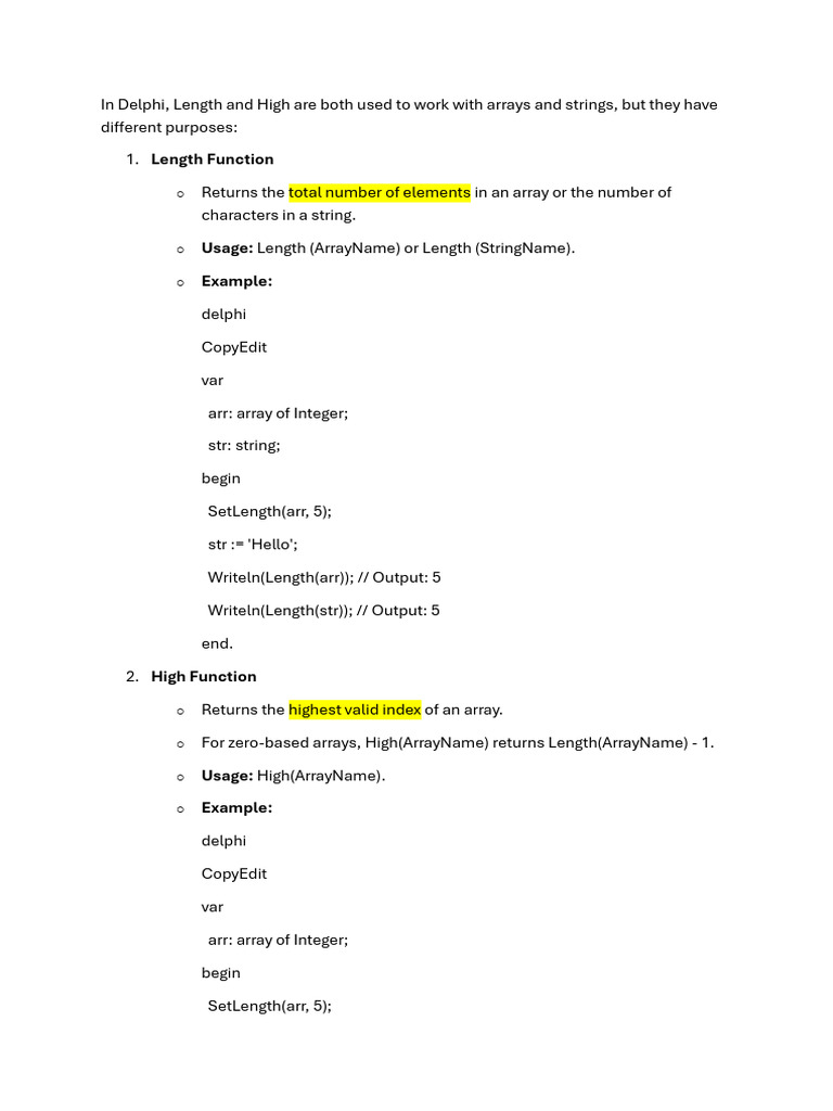 Delphi Array Length vs High Functions | PDF