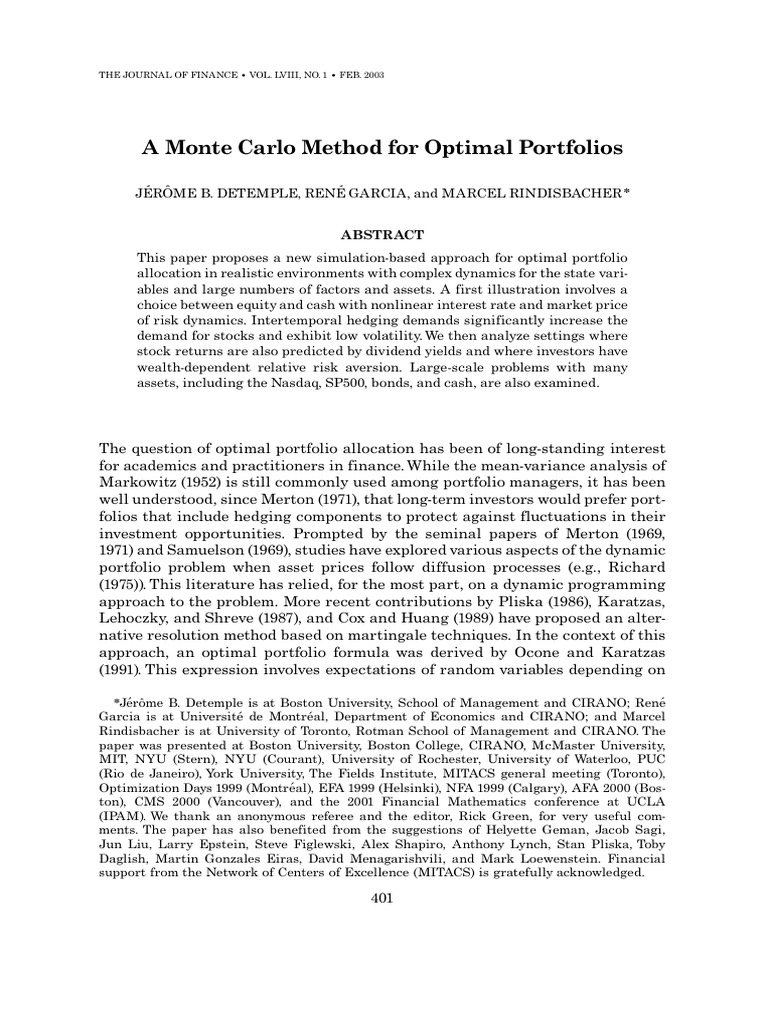 Monte Carlo Method for Portfolio Optimization | PDF | Risk Aversion ...