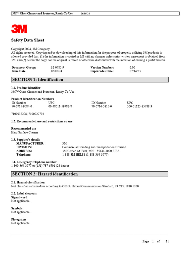 3M Glass Cleaner SDS and Ingredients | PDF | Waste | Toxicity