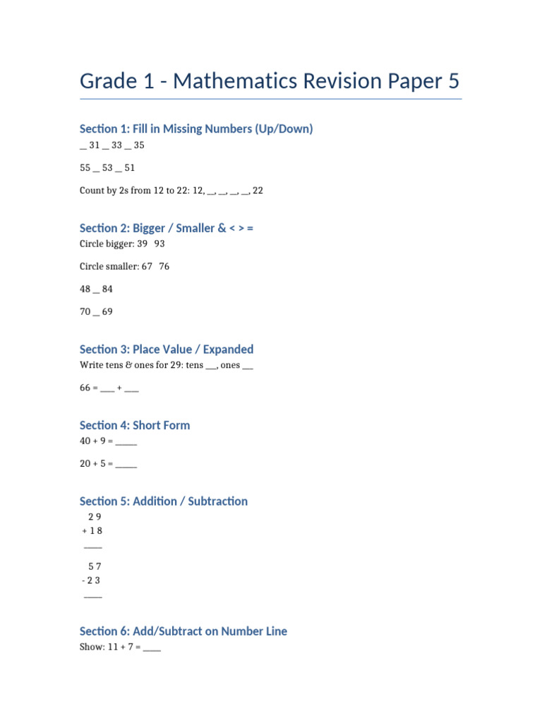 Grade 1 Math Revision Paper 5 | PDF
