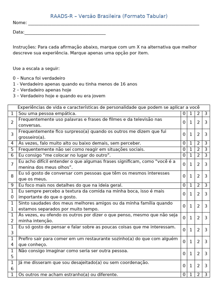 Questionário RAADS-R: Avaliação Pessoal | PDF | Tempo