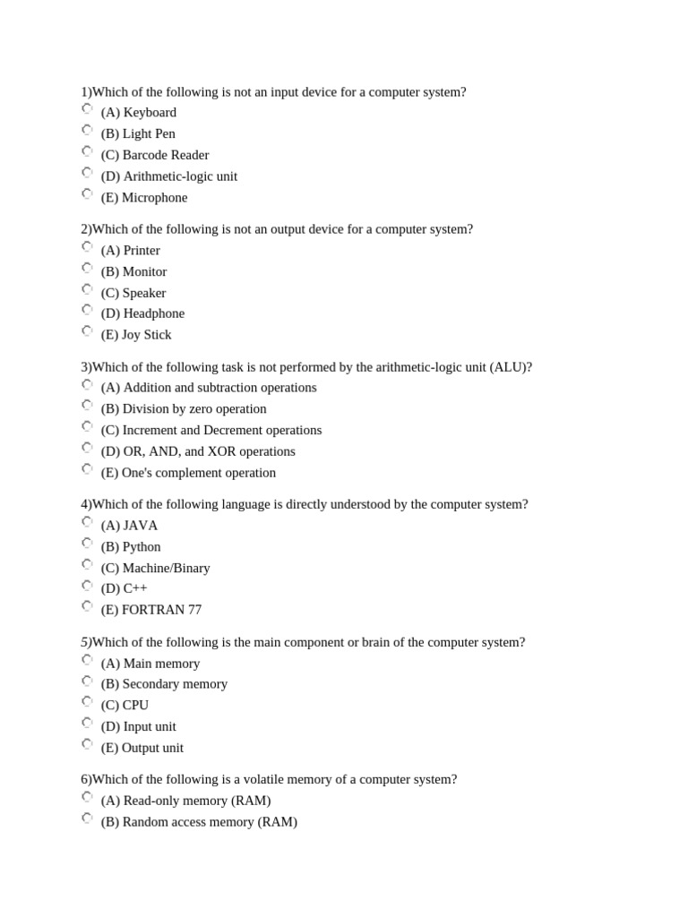 Computer System Input/Output Devices Quiz | PDF | Operating System ...