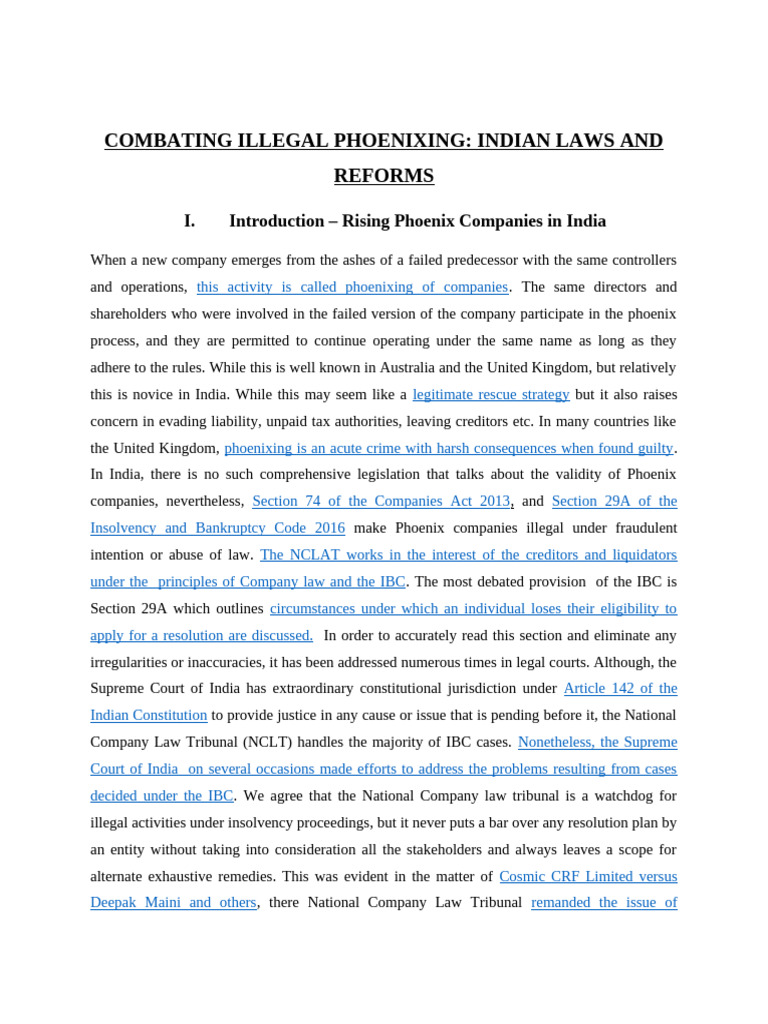 Combating Illegal Phoenixing - Indian Laws and Reforms | PDF ...