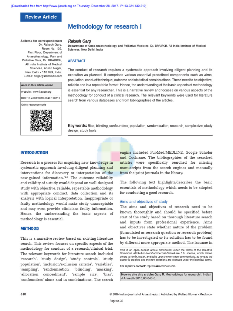 Research Methodology Essentials in Anaesthesia | PDF | Sampling ...
