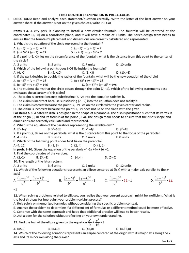 Quiz Pre Calculus | PDF | Ellipse | Circle