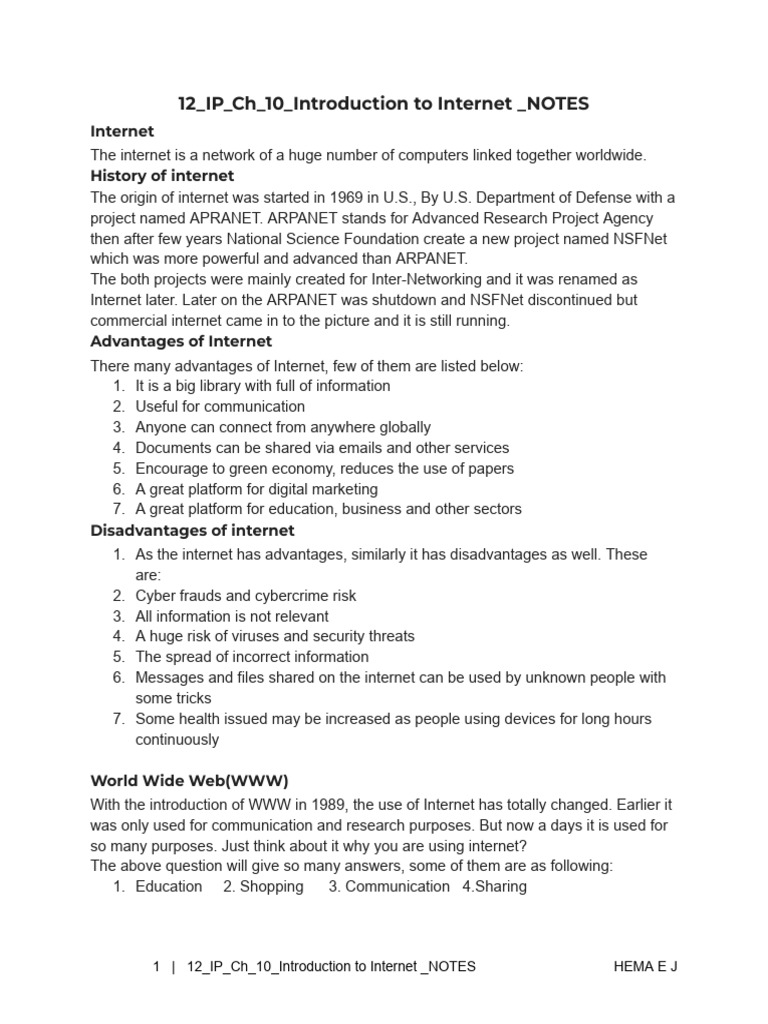 12 IP CH 10 Introduction To Internet NOTES | PDF | World Wide Web ...