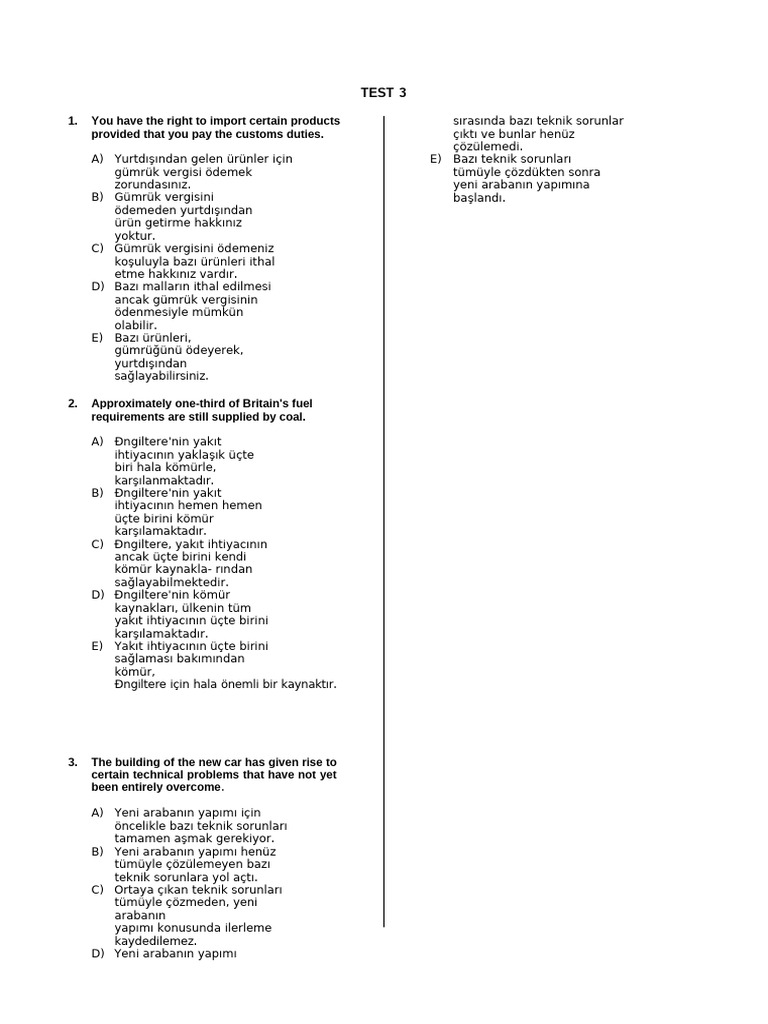 İngi̇li̇zce Türkçe Çevi̇ri̇ Testi̇ | PDF