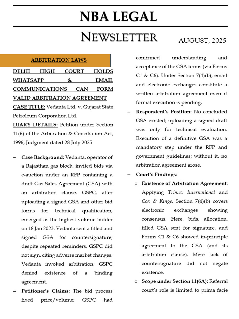 Newsletter NBA Legal - August | PDF | Appeal | Arbitration
