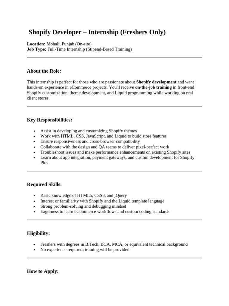 Shopify Developer (FRESHERS) JD | PDF