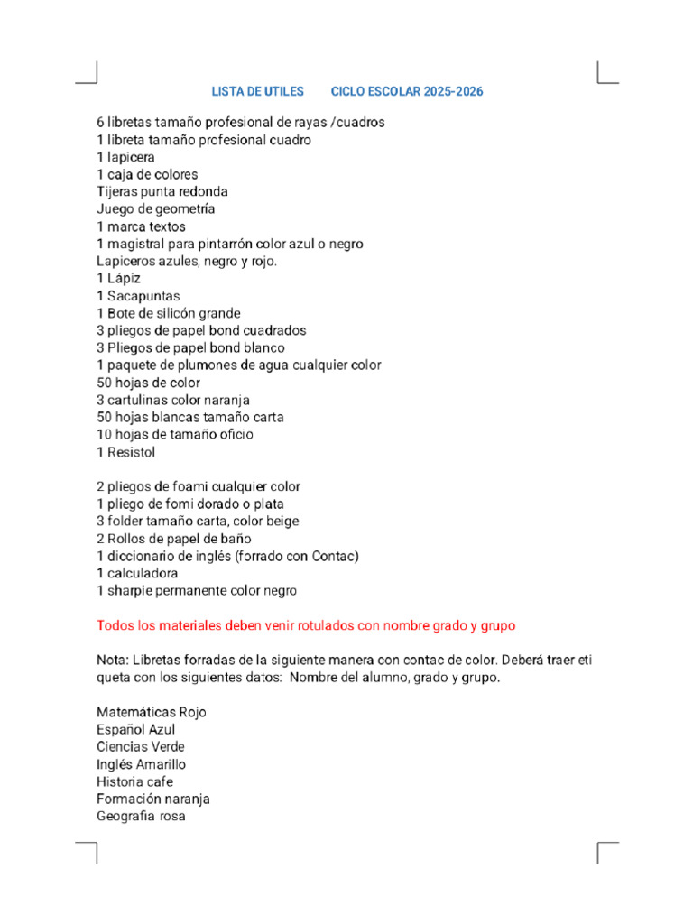 Lista de Utiles 1ro. Ciclo Escolar 2025-2026 - Phoenix | PDF
