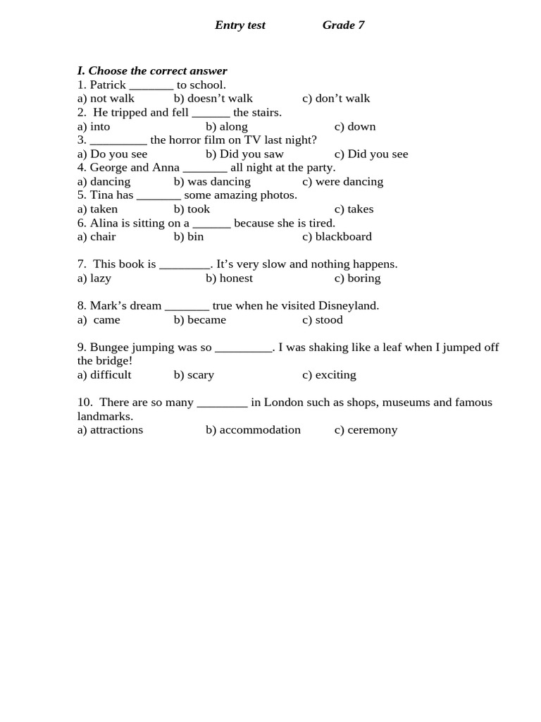Grade 7 English Entry Test Questions | PDF