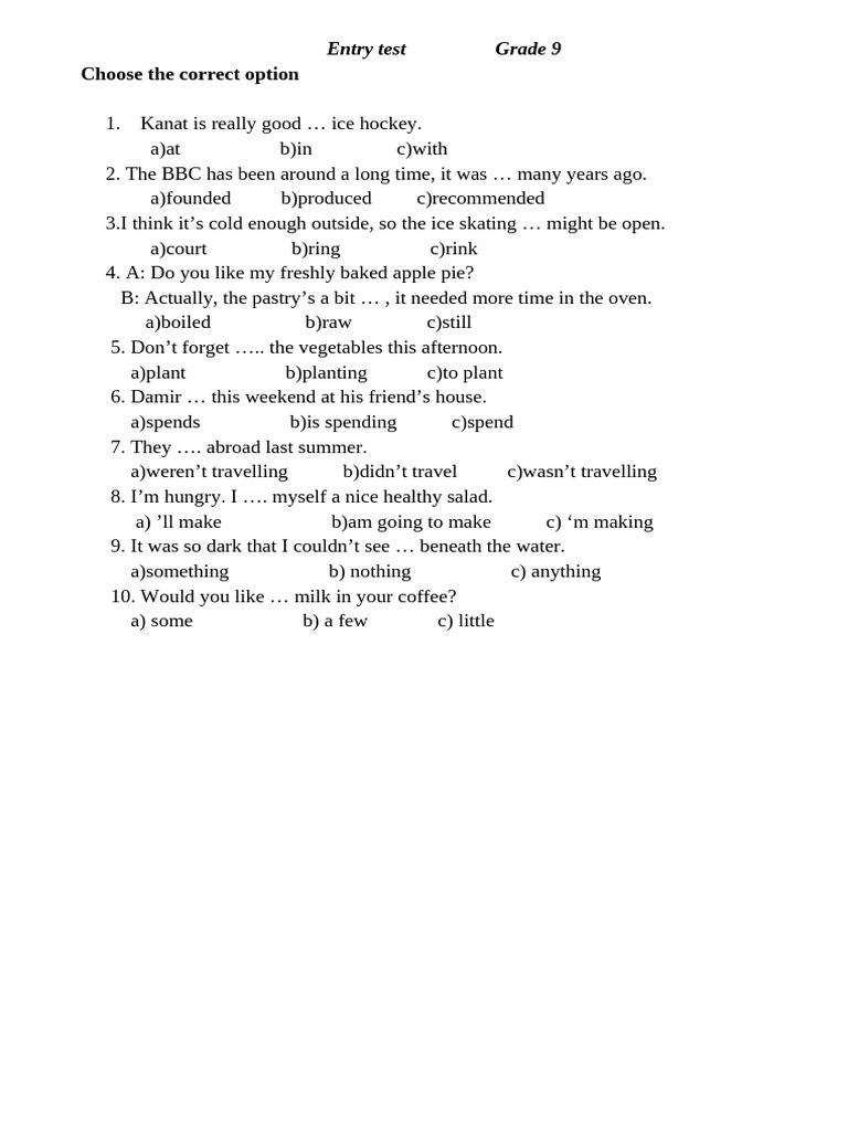 Grade 9 Entry Test Questions | PDF