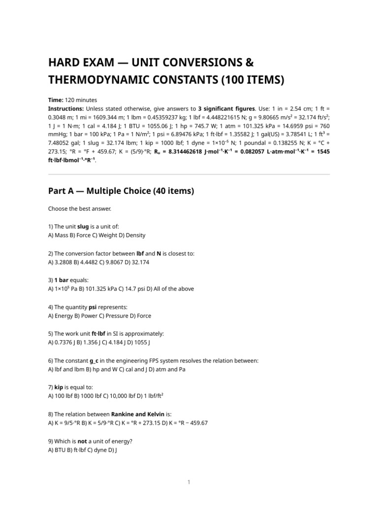 Hard 100-Item Exam - Unit Conversions & Thermo Constants | PDF ...