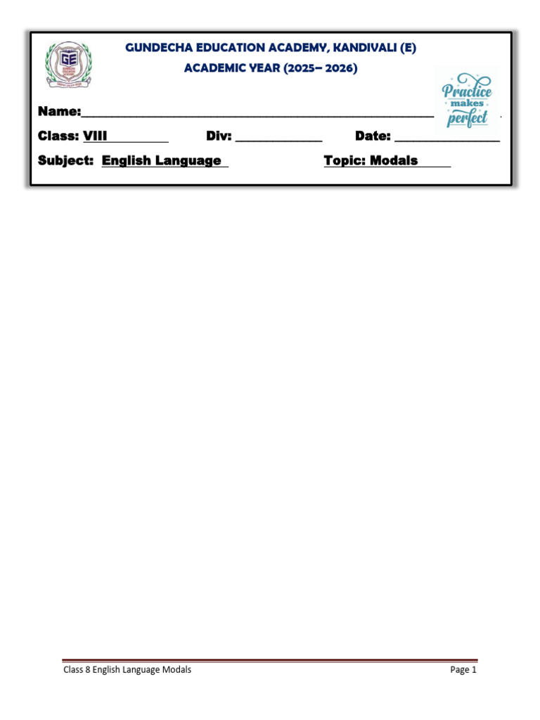 Class 8 English Language Modals Practice Sheet | PDF | Chess Theory | Chess