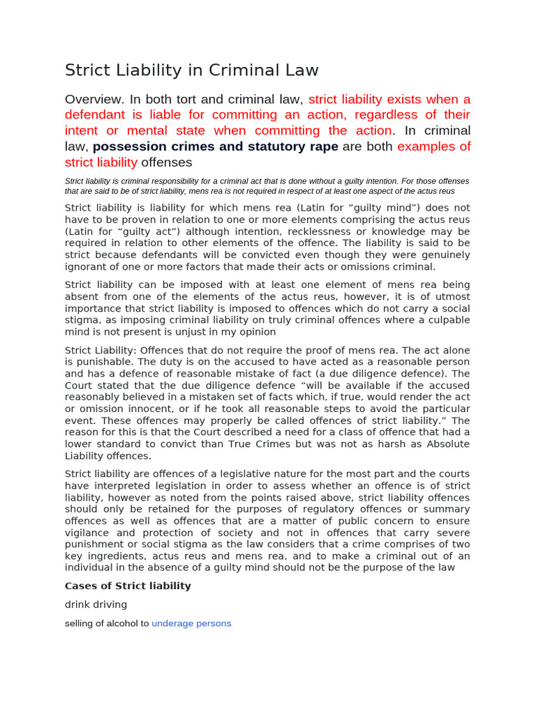 Strict Liability in Criminal Law | PDF | Mens Rea | Strict Liability