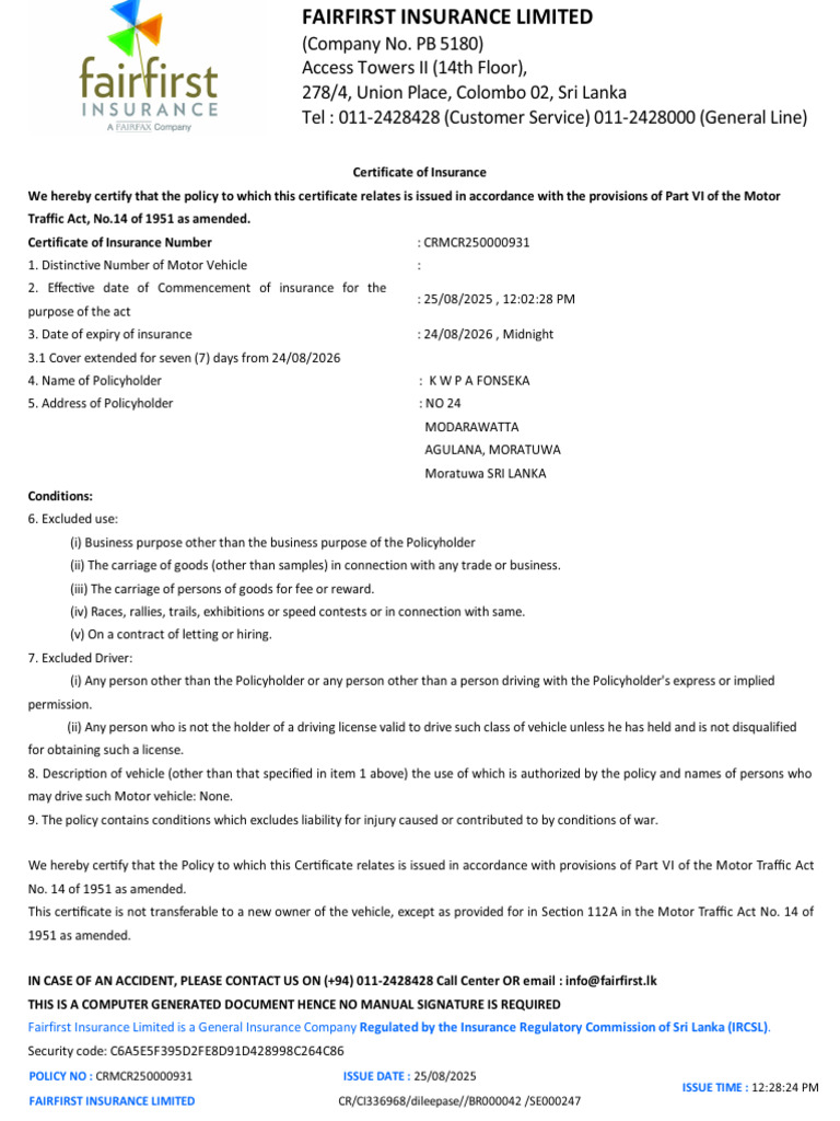 Motor Vehicle Insurance Certificate | PDF | Insurance