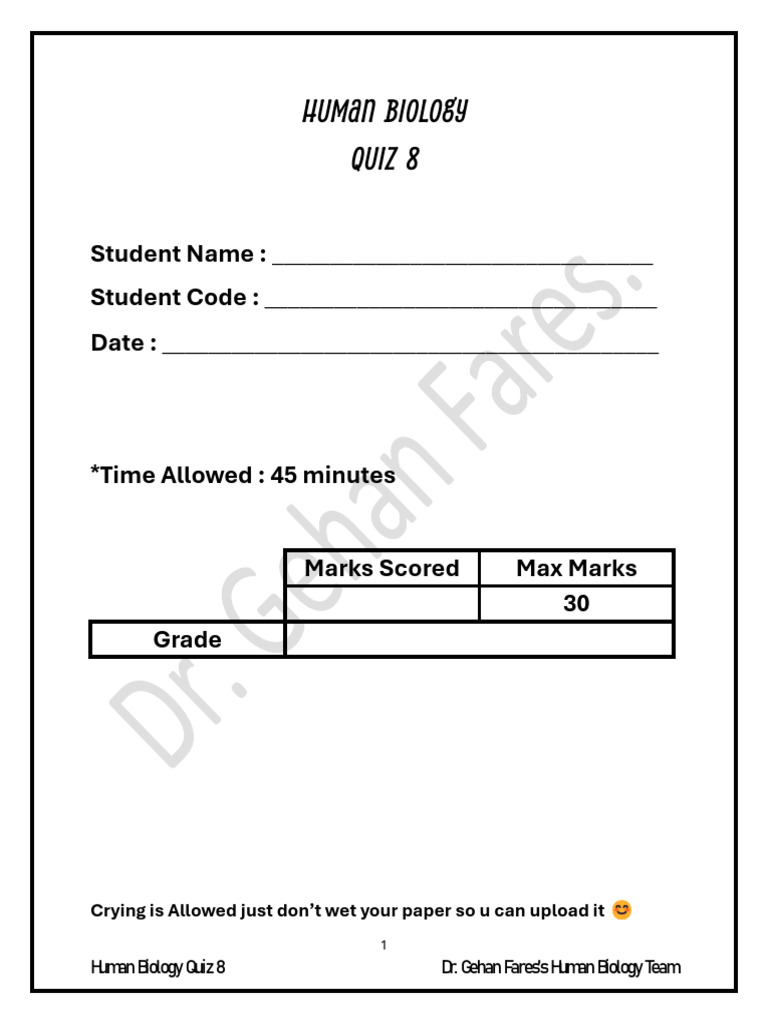 Human Biology Quiz 8 Instructions | PDF