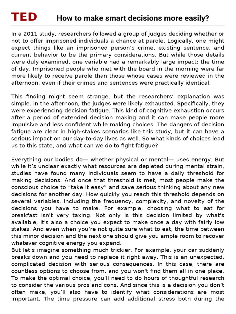 TED How To Make Smart Decisions More Easily | PDF | Decision Making ...