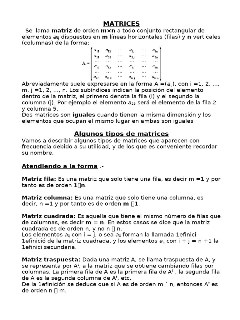 Tipos y propiedades de matrices | PDF | Matriz (Matemáticas) | Teoría ...