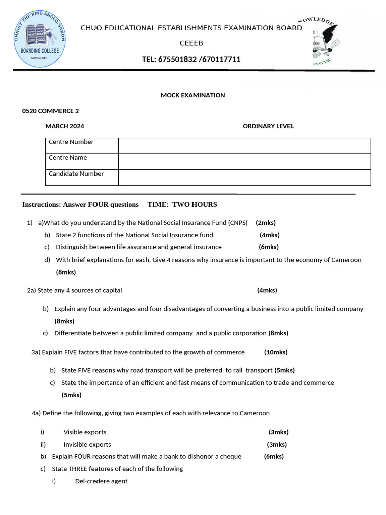 Commerce Paper 2 Mock Exam 2024 | PDF | Commerce | Private Sector