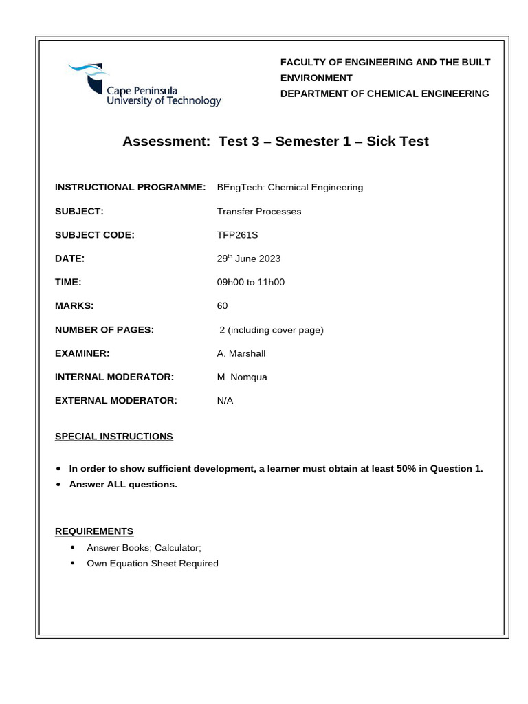 Chemical Engineering Test TFP261S | PDF | Heat Exchanger | Heat Transfer