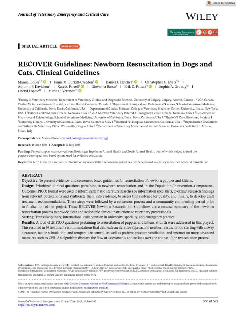 J Vet Emergen Crit Care - 2025 - Boller - RECOVER Guidelines | PDF ...