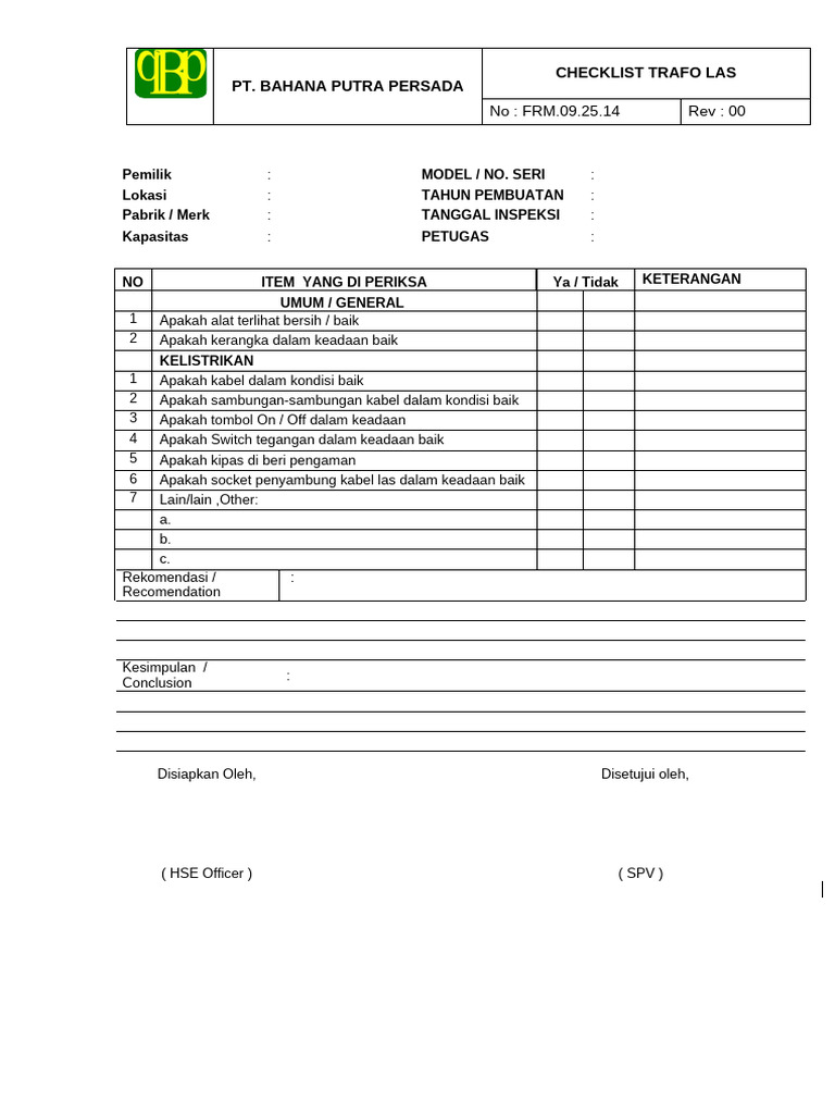 Checklist Inspeksi Trafo Las | PDF