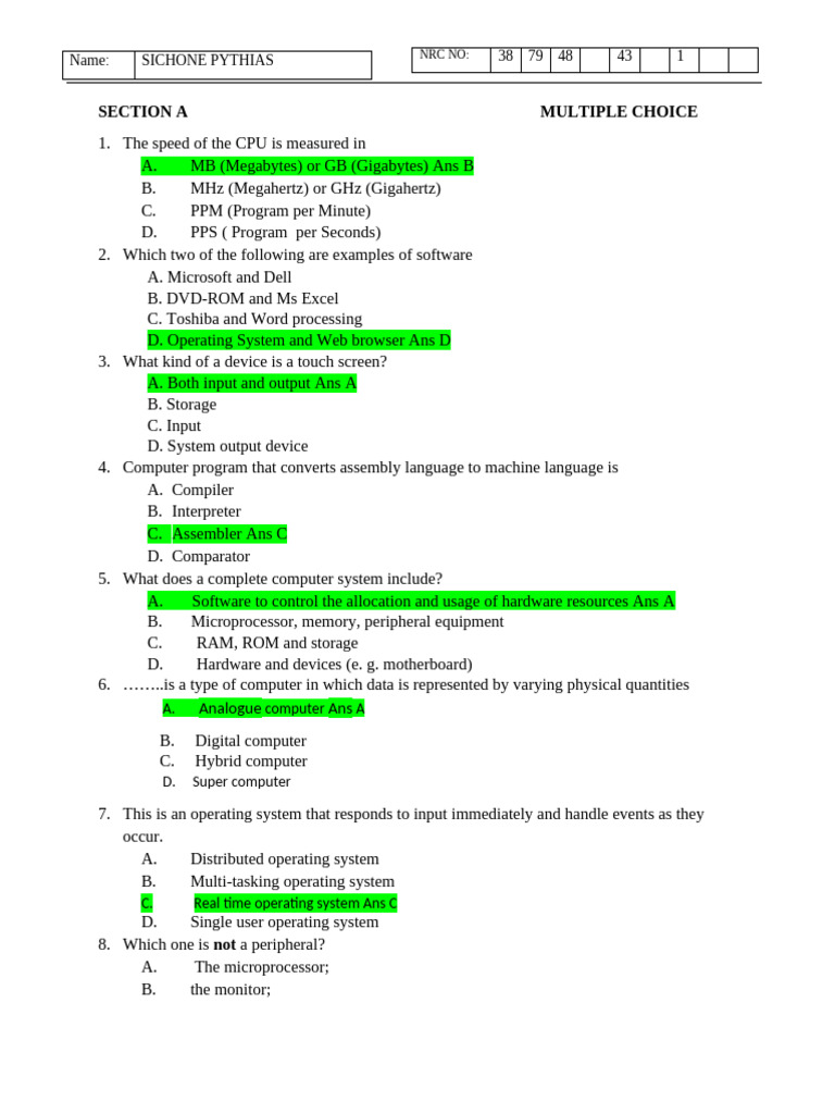 Computer Basics: Multiple Choice Quiz | PDF | Computer Data Storage ...