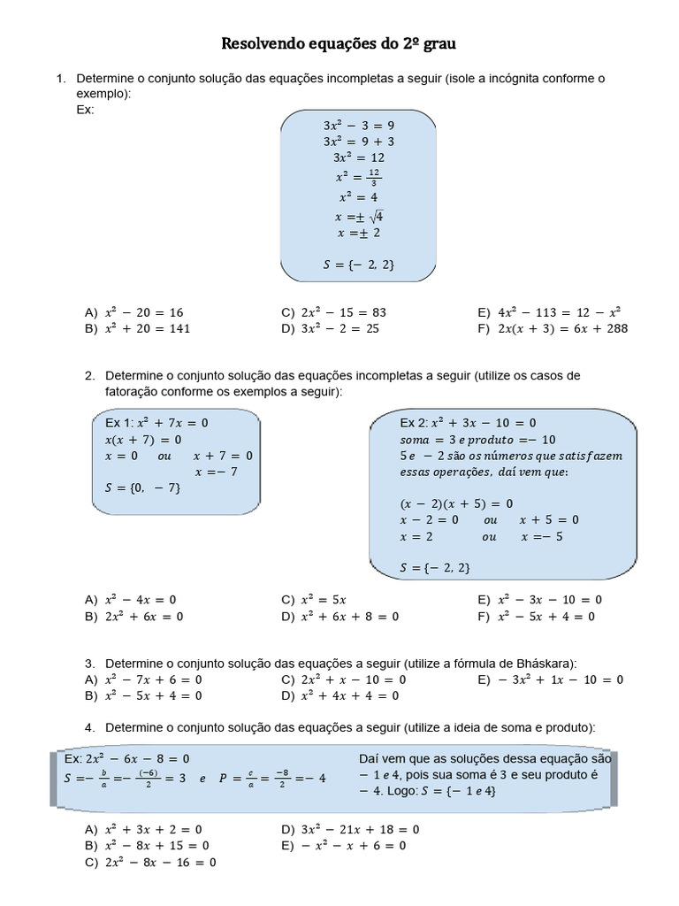 Exercícios Resolvidos de Equações do 2º Grau | PDF | Equações ...